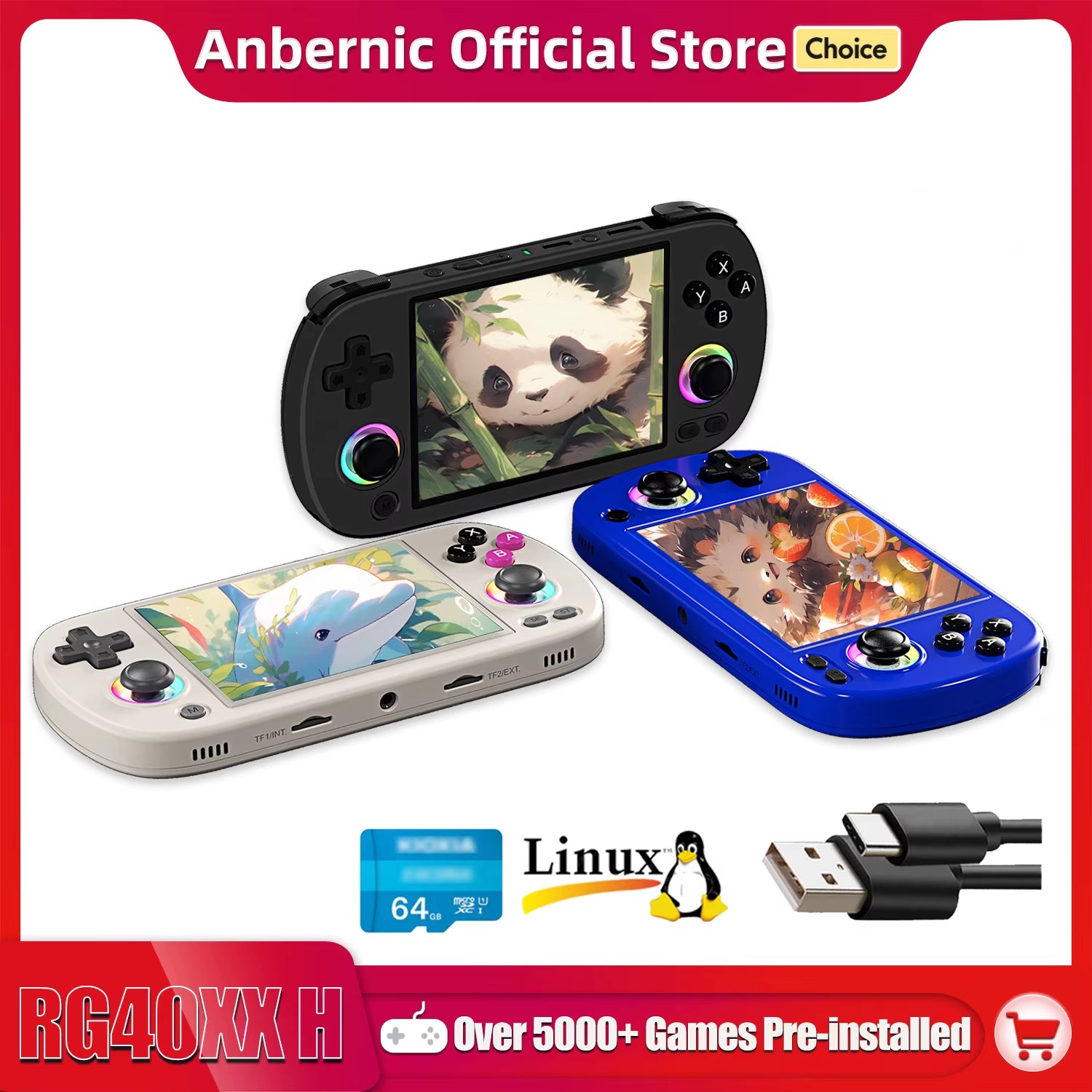 RG40XX H Handheld Game Console 4.0-In 640*480 IPS Screen 3200Mah 64 Bit System with RGB Light Built in 5K+Games RG40XXH
