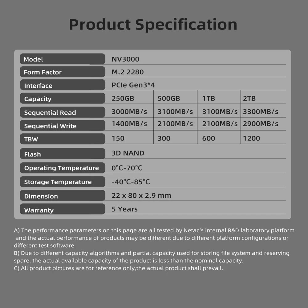 Nvme SSD M2 1TB 2TB 500GB 250GB 3500Mb/S SSD Pcie3.0 M.2 2280 Sinternal Solid State Drives Disk NV3000 for Laptop Desktop