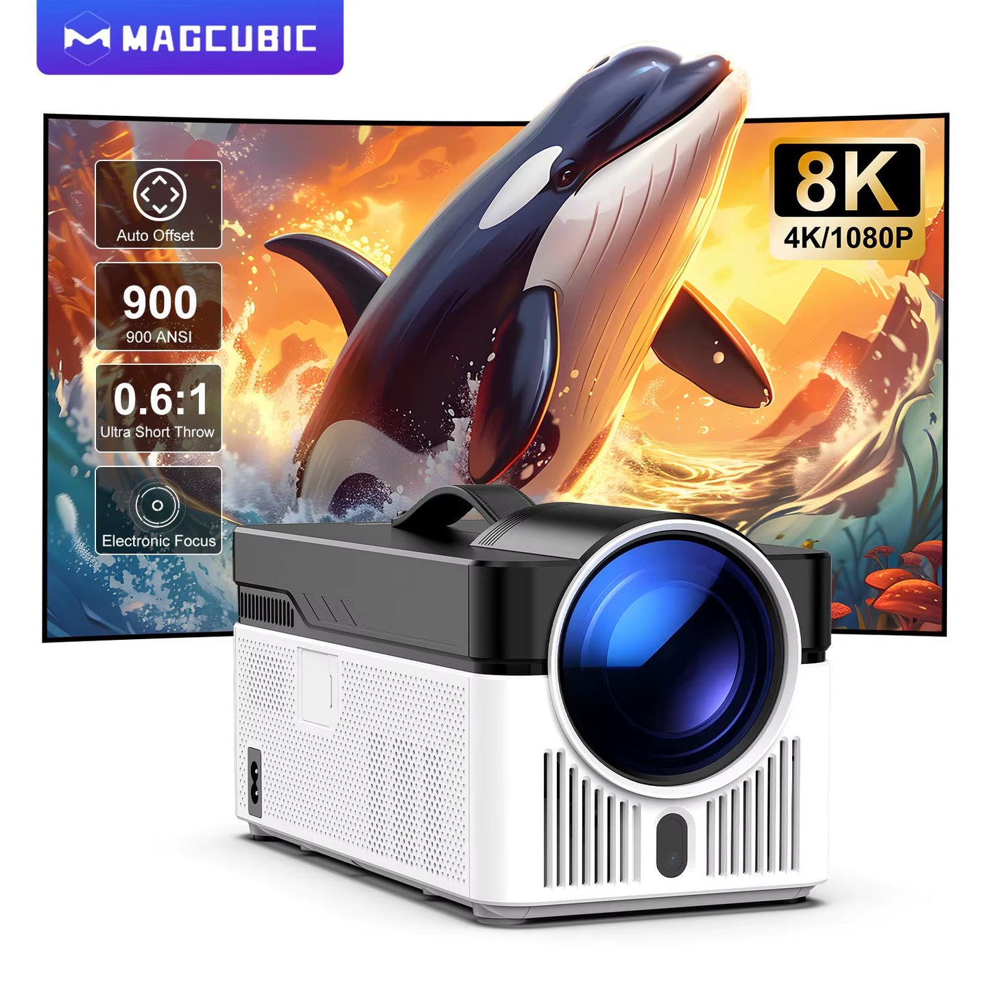 HY450 Projector with Ultra Short Throw Auto Offset 1080P 8K Electronic Focus 900 ANSI Air Mouse Voice Assistant H726