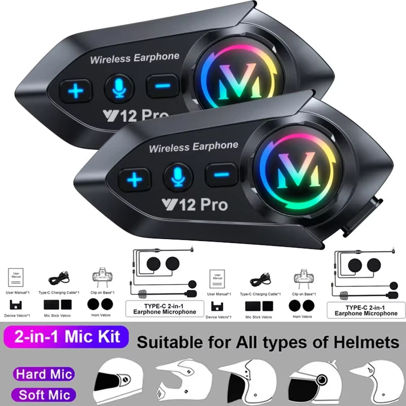 1/2X Music Interphone Bluetooth 5.3 Motorcycle Helmet Intercom Headset Waterproof 300M Intercomunicador Speaker Earphone
